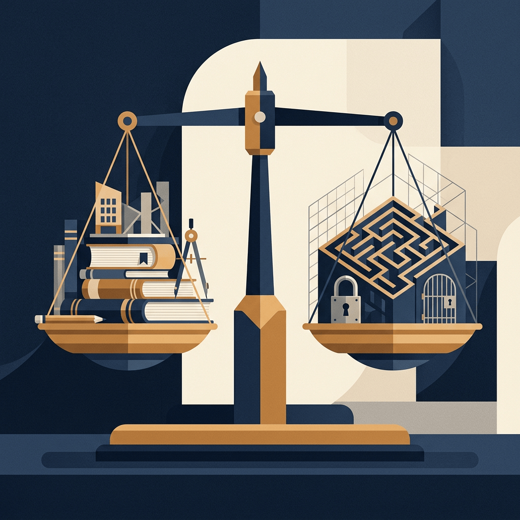 Scales balancing books and buildings against a maze, lock, and barred gate