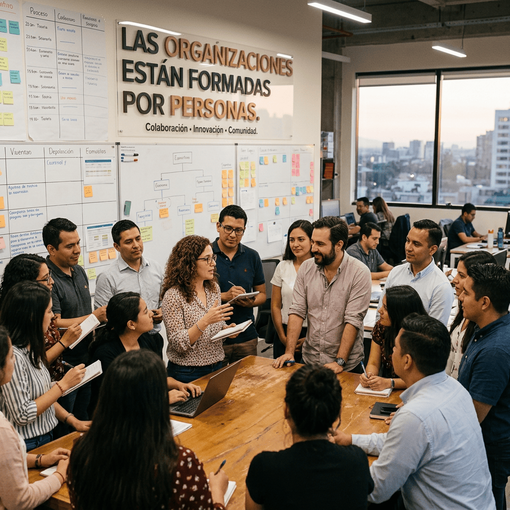 Team collaborating around a table beneath a Spanish sign about people and organizations