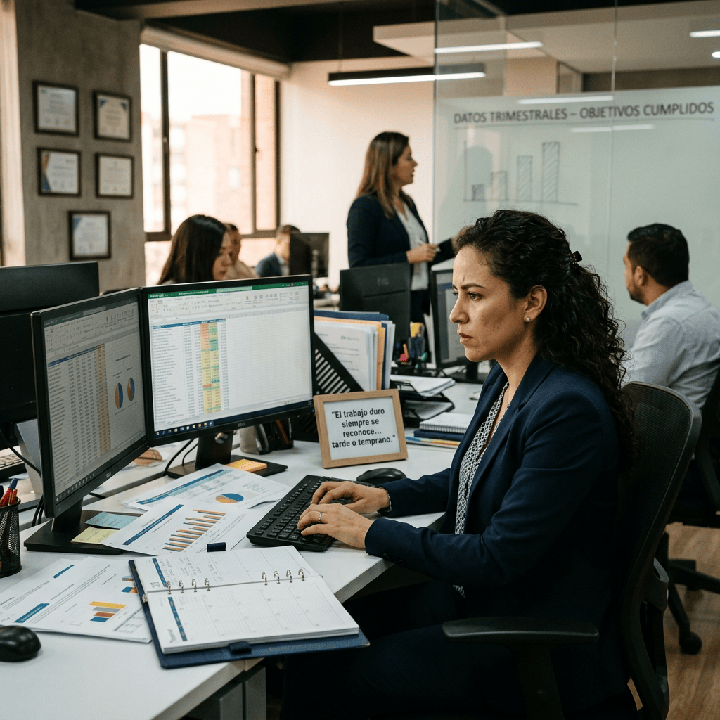 Woman reviewing spreadsheets beside charts labeled “DATOS TRIMESTRALES – OBJETIVOS CUMPLIDOS” and “El trabajo duro siempre se reconoce... tarde o temprano.”