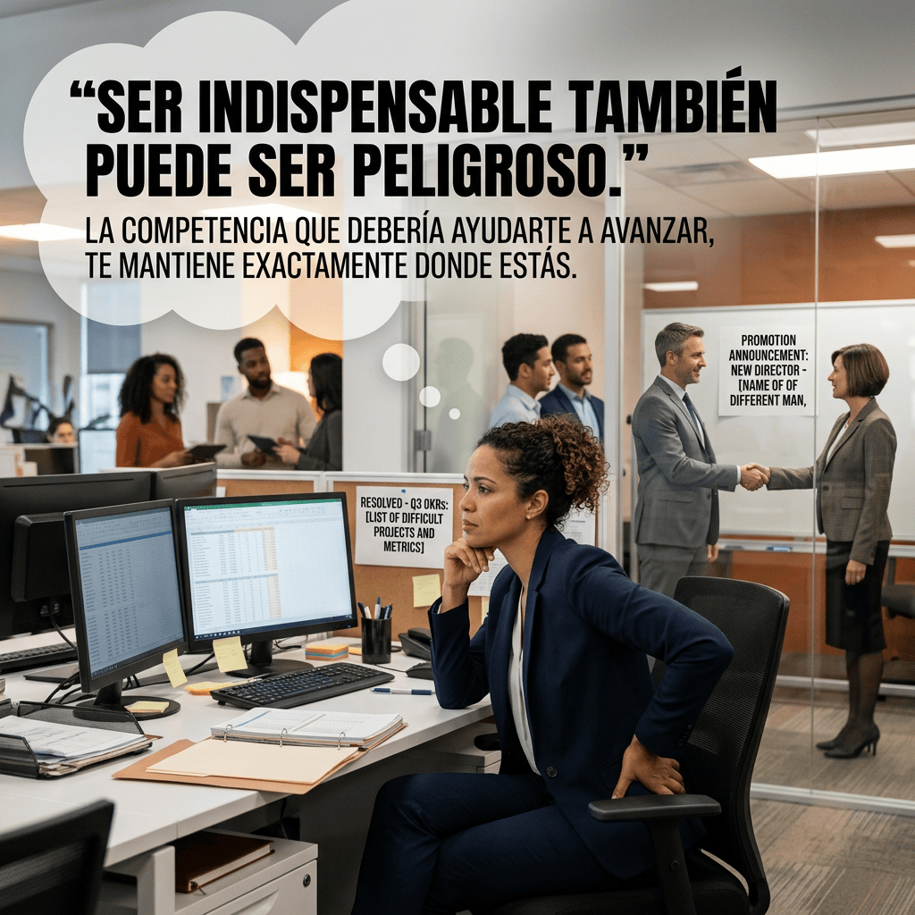 Texto: “SER INDISPENSABLE TAMBIÉN PUEDE SER PELIGROSO.” “LA COMPETENCIA QUE DEBERÍA AYUDARTE A AVANZAR, TE MANTIENE EXACTAMENTE DONDE ESTÁS.” “PROMOTION ANNOUNCEMENT: NEW DIRECTOR (NAME OF OR DIFFERENT MAN,)” “RESOLVED - Q3 OKRS: (LIST OF DIFFICULT PROJECTS AND METRICS)”