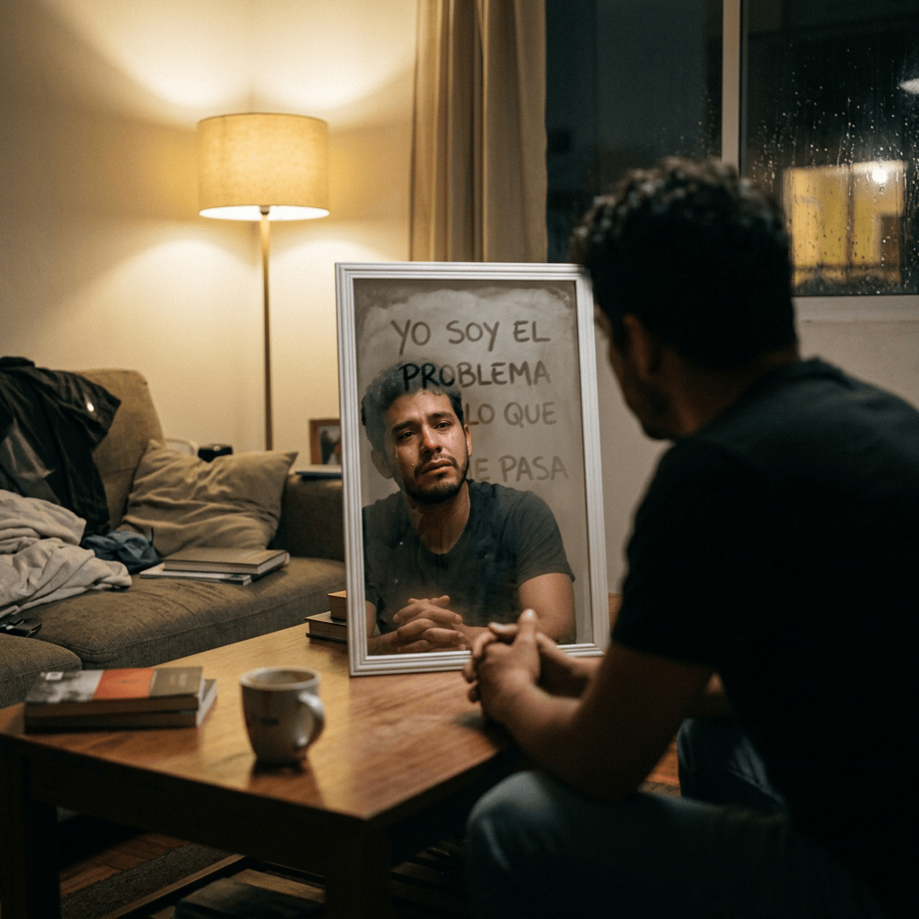 Man seated before mirror with Spanish text: "YO SOY EL PROBLEMA ... LO QUE ... ME PASA"